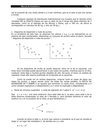 Manual de Estadística                                                 Pag. 37


(es la ecuación de una recta) donde a y b son números, que es el caso al que nos vamos
a limitar.

       Cualquier ejemplo de distribución bidimensional nos muestra que la relación entre
variables NO es EXACTA (basta con que un dato de las X tenga dos datos distintos de Y
asociados, como en el ejemplo de las Alturas y Pesos, que a 180 cm. de altura le
correspondía un individuo de 82 kg. y otro de 78 kg.).


• Diagrama de dispersión o nube de puntos
En un problema de este tipo, se observan los valores ( xi,yj ) y se representan en un
sistema de ejes coordenados, obteniendo un conjunto de puntos sobre el plano, llamado
“ diagrama de dispersión o nube de puntos ”.


      Y                               Y




                               X                                X



       En los diagramas de arriba se puede observar cómo en el de la izquierda, una
línea recta inclinada puede aproximarse a casi todos los puntos, mientras que en el otro,
cualquier recta deja a muchos puntos alejados de ella. Así pues, el hacer un análisis de
regresión lineal sólo estaría justificado en el ejemplo de la izquierda.

      Como se puede ver en ambos diagramas, ninguna recta es capaz de pasar por
todos los puntos, y seguir siendo recta. De todas las rectas posibles, la RECTA DE
REGRESIÓN DE Y SOBRE X es aquella que minimiza un cierto error, considerando a X
como variable explicativa o independiente y a Y como la explicada o dependiente.

•   Recta de mínimos cuadrados o recta de regresión de Y sobre X (y* = a + b x)

Sea y = a + b x una recta arbitraria. Para cada dato de X, es decir, para cada xi de la
tabla tenemos emparejado un dato de Y llamada yi, pero también tenemos el valor de
sustituir la xi en la ecuación de la recta, al que llamaremos y*i.

                                      yi

                       xi

                                      a + b xi = y*i



       Cuando se toma el dato xi, el error que vamos a considerar es el que se comete al
elegir y*i en lugar del verdadero yi .Se denota con ei y vale

      ei = yi - y*i
 