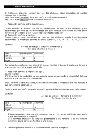 Manual de Estadística                                                 Pag. 42


Si finalmente podemos concluir que los dos atributos están asociados, se pueden
plantear dos preguntas:
1ª) ¿ Cual es la intensidad de la asociación entre los dos atributos ?
2ª) ¿ Cual es la dirección de la asociación detectada ?

•   Asociación perfecta entre dos atributos

Ocurre cuando, al menos, una de las modalidades de uno de los atributos queda
determinada por una de las modalidades del otro atributo. Esto ocurre cuando existe
algún cero en la tabla 2 x 2. La asociación perfecta puede ser:
a) Asociación perfecta y estricta.
Ocurre cuando dada modalidad de uno de los atributos queda inmediatamente
determinada la modalidad del otro. Es decir, cuando n11 = n 22 = 0 ó n12 = n 21 = 0

Ejemplo:
                   A= tipo de trabajo ( temporal ó indefinido )
                          B= Sexo ( hombre ó mujer )

Sexo           Tipo Temporal   Indefinido
trabajo
Hombre               20         0
Mujer                0          80

Con estos datos sabemos que si un individuo es hombre el tipo de trabajo sera temporal
y si es mujer su contrato será indefinido.

• Asociación perfecta e implicita de tipo 2
Ocurre cuando:
1º) Si se toma la modalidad de un atributo queda determinada la modalidad del otro
atributo al que pertenece la observación.

2º) Si se toma la otra modalidad, no queda determinada la modalidad del otro atributo al
que pertenece la observación.

Es decir, esta asociación se produce cuando alguna de las frecuencias observada es cero.

Ejemplo:
                                        A= tipo de trabajo ( temporal ó indefinido )
                                                   B= Sexo ( hombre ó mujer )

Sexo           Tipo Temporal   Indefinido
trabajo
Hombre               5          15
Mujer                0          80

-   Si la persona observada es mujer sabremos que su contrato es indefinido; si es varón
    puede ser indefinido o temporal.
-   Si el contrato analizado es temporal pertenecerá a un hombre; si es un contrato
    indefinido, podrá ser de un hombre o una mujer.


•   También podemos delimitar si la asociación es positiva o negativa:
 