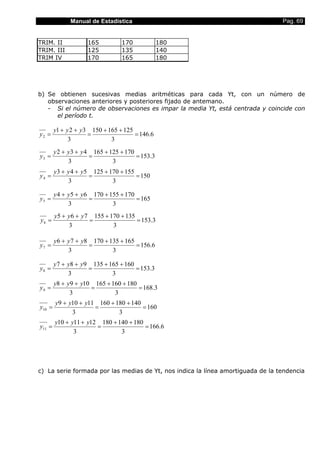 Manual de Estadística                                              Pag. 69


TRIM. II             165          170            180
TRIM. III            125          135            140
TRIM IV              170          165            180




b) Se obtienen sucesivas medias aritméticas para cada Yt, con un número de
   observaciones anteriores y posteriores fijado de antemano.
   - Si el número de observaciones es impar la media Yt, está centrada y coincide con
      el período t.

        y1 + y 2 + y 3 150 + 165 + 125
y2 =                  =                = 146.6
              3               3
        y 2 + y3 + y 4 165 + 125 + 170
y3 =                  =                = 153.3
              3               3
        y3 + y 4 + y5 125 + 170 + 155
y4 =                 =                = 150
             3               3

        y 4 + y 5 + y 6 170 + 155 + 170
y5 =                   =                = 165
              3                3
        y5 + y 6 + y 7 155 + 170 + 135
y6 =                  =                = 153.3
             3                3

        y 6 + y 7 + y8 170 + 135 + 165
y7 =                  =                = 156.6
              3               3

        y 7 + y8 + y9 135 + 165 + 160
y8 =                 =                = 153.3
              3              3
        y8 + y9 + y10 165 + 160 + 180
y9 =                 =                = 168.3
              3              3
        y9 + y10 + y11 160 + 180 + 140
y10 =                 =                = 160
              3               3
        y10 + y11 + y12 180 + 140 + 180
y11 =                  =                = 166.6
               3               3




c) La serie formada por las medias de Yt, nos indica la línea amortiguada de la tendencia
 