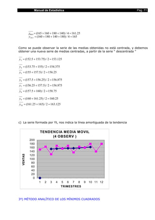 Manual de Estadística                                          Pag. 71




           y 9.5 = (165 + 160 + 180 + 140) / 4 = 161.25
           y10.5 = (160 + 180 + 140 + 180) / 4 = 165


Como se puede observar la serie de las medias obtenidas no está centrada, y debemos
obtener una nueva serie de medias centradas, a partir de la serie “ descentrada ”

y 3 = (152.5 + 153.75) / 2 = 153.125

y 4 = (153.75 + 155) / 2 = 154.375
y 5 = (155 + 157.5) / 2 = 156.25

y 6 = (157.5 + 156.25) / 2 = 156.875
y 7 = (156.25 + 157.5) / 2 = 156.875
y 8 = (157.5 + 160) / 2 = 158.75

y 9 = (160 + 161.25) / 2 = 160.25
y10 = (161.25 + 165) / 2 = 163.125




c) La serie formada por Yt, nos indica la línea amortiguada de la tendencia


                    TENDENCIA MEDIA MOVIL
                         (4 OBSERV )
           200
           180
           160
           140
           120
  VENTAS




           100
            80
            60
            40
            20
             0
                   1    2    3    4    5   6    7    8    9   10 11 12
                                      TRIMESTRES



3º) MÉTODO ANALÍTICO DE LOS MÍNIMOS CUADRADOS
 