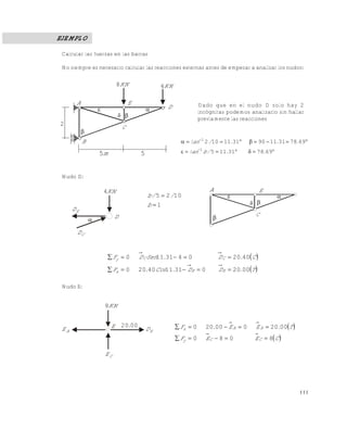 111
EJEMPLO
Calcular las fuerzas en las barras
No siempre es necesario calcular las reacciones externas antes de empezar a analizar los nudos:
Nudo D:
 
 T.DD.Cos.F
C.D.SenDF
EEx
CCy
00200311140200
40200431110


Nudo E:
Dado que en el nudo D solo hay 2
incógnitas podemos analizarlo sin hallar
previamente las reacciones




78.6931115
69783111903111102
1
1
./btan
.../tan
C
2


 

m5
KN4
D
CD
KN4KN8
E
D
A
B
5

ED
1
1025


b
//b


 

EA
C
KN8
AE
CE
ED
0020.E  
 CEEF
T.EEF
CCy
AAx
8080
002000.0020


Este documento se cre€ con la versi€n gratuita de EVALUACI•N de eXpert PDF. Esta marca de agua se eliminar‚ al
comprar la licencia de la versi€n completa de eXpert PDF. Visite www.avanquest.es para obtener m‚s informaci€n
 