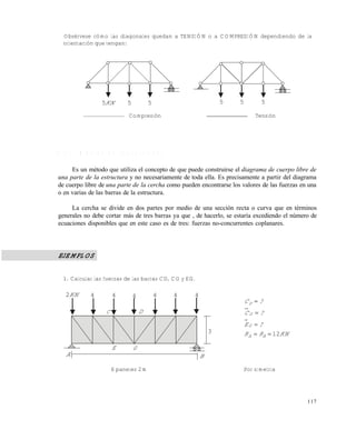 117
Obsérvese cómo las diagonales quedan a TENSIÓN o a COMPRESIÓN dependiendo de la
orientación que tengan:
Compresión Tensión
4 . 2 . 2 M é t o d o d e l a s s e c c i o n e s
Es un método que utiliza el concepto de que puede construirse el diagrama de cuerpo libre de
una parte de la estructura y no necesariamente de toda ella. Es precisamente a partir del diagrama
de cuerpo libre de una parte de la cercha como pueden encontrarse los valores de las fuerzas en una
o en varias de las barras de la estructura.
La cercha se divide en dos partes por medio de una sección recta o curva que en términos
generales no debe cortar más de tres barras ya que , de hacerlo, se estaría excediendo el número de
ecuaciones disponibles que en este caso es de tres: fuerzas no-concurrentes coplanares.
EJEMPLOS
1. Calcular las fuerzas de las barras CD, CG y EG.
6 paneles 2m Por simetría
KN5 5 5 5 5 5
KNRR
?E
?C
?C
BA
G
G
D
12



KN2 4 4 4 4 4 4
C D
BA
3
E G
Este documento se cre€ con la versi€n gratuita de EVALUACI•N de eXpert PDF. Esta marca de agua se eliminar‚ al
comprar la licencia de la versi€n completa de eXpert PDF. Visite www.avanquest.es para obtener m‚s informaci€n
 