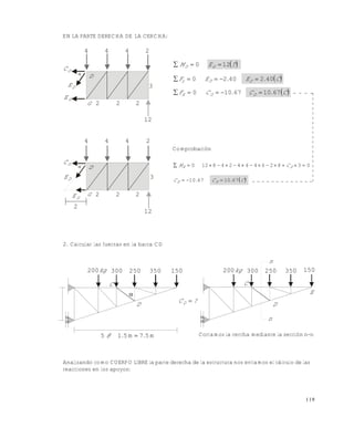 119
EN LA PARTE DERECHA DE LA CERCHA:
2. Calcular las fuerzas en la barra CD
Analizando como CUERPO LIBRE la parte derecha de la estructura nos evitamos el cálculo de las
reacciones en los apoyos:
4 4 4 2
DC
DE
GE

D
G 2 2 2
3
12
 TEM GD 120 
 C.E.EF DDy 4024020 
 C.C.CF DDX 671067100 
4 4 4 2
DC
DE
GE
D
G 2 2 2
3
12
2

Comprobación
03826444248120  DE CM
 C.C.C DD 67106710 
kg200 300 250 350 150
C
D

?CD 
kg200 300 250 350 150
D
C
n
n
E
7.5m1.5m5 @ Cortamos la cercha mediante la sección n-n
Este documento se cre€ con la versi€n gratuita de EVALUACI•N de eXpert PDF. Esta marca de agua se eliminar‚ al
comprar la licencia de la versi€n completa de eXpert PDF. Visite www.avanquest.es para obtener m‚s informaci€n
 