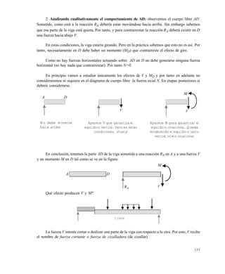 133
2. Analizando cualitativamente el comportamiento de AD: observemos el cuerpo libre AD.
Sometido, como está a la reacción RA debería estar moviéndose hacia arriba. Sin embargo sabemos
que esa parte de la viga está quieta, Por tanto, y para contrarrestar la reacción RA deberá existir en D
una fuerza hacia abajo V.
En estas condiciones, la viga estaría girando. Pero en la práctica sabemos que esto no es así. Por
tanto, necesariamente en D debe haber un momento (MD) que contrarreste el efecto de giro.
Como no hay fuerzas horizontales actuando sobre AD en D no debe generarse ninguna fuerza
horizontal (no hay nada que contrarrestar). Por tanto N=0.
En principio vamos a estudiar únicamente los efectos de V y MD y por tanto en adelante no
consideraremos ni siquiera en el diagrama de cuerpo libre la fuerza axial N. En etapas posteriores si
deberá considerarse.
En conclusión, tenemos la parte AD de la viga sometida a una reacción RA en A y a una fuerza V
y un momento M en D tal como se ve en la figura:
Qué efecto producen V y M?
La fuerza V intenta cortar o deslizar una parte de la viga con respecto a la otra. Por esto, V recibe
el nombre de fuerza cortante o fuerza de cizalladura (de cizallar).
A D
V
M
V
No debe moverse
hacia arriba
Aparece V que garantiza el
equilibrio vertical. Pero en estas
condiciones, Giraria
Aparece M para garantizar el
equilibrio rotacional. Queda
establecido el equilibrio tanto
vertical como rotacional
A D
AR
M
V
CORTE
Este documento se cre€ con la versi€n gratuita de EVALUACI•N de eXpert PDF. Esta marca de agua se eliminar‚ al
comprar la licencia de la versi€n completa de eXpert PDF. Visite www.avanquest.es para obtener m‚s informaci€n
 