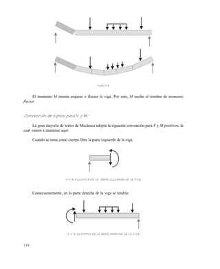134
FLEXIÓN
El momento M intenta arquear o flectar la viga. Por esto, M recibe el nombre de momento
flector .
Convención de signos para V y M:
La gran mayoría de textos de Mecánica adopta la siguiente convención para V y M positivos, la
cual vamos a mantener aquí:
Cuando se toma como cuerpo libre la parte izquierda de la viga:
V Y M POSITIVOS EN LA PARTE IZQUIERDA DE LA VIGA
Consecuentemente, en la parte derecha de la viga se tendría:
V Y M POSITIVOS EN LA PARTE DERECHA DE LA VIGA
Este documento se cre€ con la versi€n gratuita de EVALUACI•N de eXpert PDF. Esta marca de agua se eliminar‚ al
comprar la licencia de la versi€n completa de eXpert PDF. Visite www.avanquest.es para obtener m‚s informaci€n
 