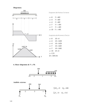 148
Diagramas:
6. Hacer diagramas de V y M:
Análisis externo:
300
4 3 3
0V
381893.
1620
1485
M
x
Diagrama de Fuerza Cortante
Diagrama de Momento Flector
Vx
Vx
Vx
Vx
Vx
Vx
49510
4957
4957
4054
4054
4050






381893
355
010
14857
14857
16204
16204
00
.M
.x
Mx
Mx
Mx
Mx
Mx
Mx








400
2 1 2
180
400 360
2 2 1
AR BR
4480  BA RM
3120  Ay RF
Este documento se cre€ con la versi€n gratuita de EVALUACI•N de eXpert PDF. Esta marca de agua se eliminar‚ al
comprar la licencia de la versi€n completa de eXpert PDF. Visite www.avanquest.es para obtener m‚s informaci€n
 