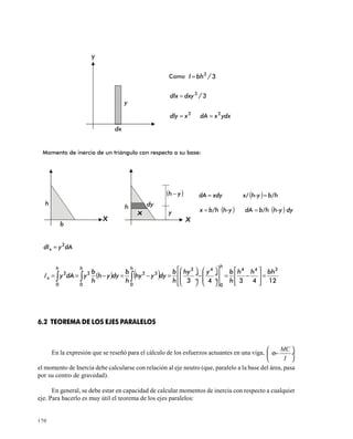 170
Como 33
/bhI =
33
/dxydIx =
ydxxdAxdly 22
==
Momento de inercia de un triángulo con respecto a su base:
dAydI x
2
=
( ) ( ) 124343
344
00
43
32
0 0
22 bhhh
h
byhy
h
b
dyyhy
h
b
dyyh
h
b
ydAy
hhh h
x =








−=








÷
÷






−
÷
÷






=−=−== ∫∫ ∫
6.2 TEOREMA DE LOS EJES PARALELOS
En la expresión que se reseñó para el cálculo de los esfuerzos actuantes en una viga, ÷





−σ
I
MC
el momento de Inercia debe calcularse con relación al eje neutro (que, paralelo a la base del área, pasa
por su centro de gravedad).
En general, se debe estar en capacidad de calcular momentos de inercia con respecto a cualquier
eje. Para hacerlo es muy útil el teorema de los ejes paralelos:
Y
y
dx
h
b
X X
h
x
dy
y
( )yh − ( )b/hh-yx/xdydA ==
( ) ( )dyh-yb/hdAh-yb/hx ==
 