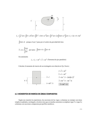 171
( ) ( ) 2222222
Ad0222 ++=++=++=+== ×
∫∫∫∫∫∫ dIdAdYdAddAYdAdYdYdAdYdAyI cx
∫ = 0YdA porque el eje C pasa por el centro de gravedad del área
∫
∫==
dA
YdA
Y 0 por tanto: ∫∫ =×= 00 dAYdA
En conclusión:
22
AdIAdII cx +=+= (Teorema de ejes paralelos)
Calcular el momento de inercia de un rectángulo con relación al Eje Neutro:
6.3 MOMENTOS DE INERCIA DE ÁREAS COMPUESTAS
Según nos muestra la experiencia, las secciones de las vigas y columnas no siempre son áreas
simples (cuadrados, rectángulo, círculos) sino que en muchas ocasiones se emplean vigas T o vigas I o
columnas con secciones compuestas por perfiles metálicos:
dA
Y
y
d
C
g.c
x
2/h
x
b
?I =
33
/bhI =
2
AdII +=
2
AdII −=
( )( )23
23 h/bh/bhI −=
43 33
/bh/bhI −=
123
/bhI =
 