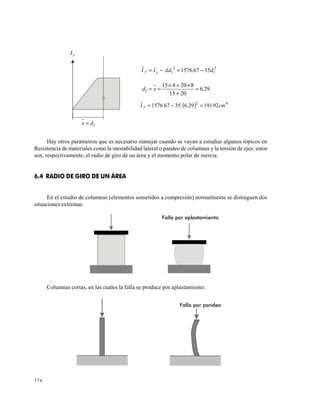 174
Hay otros parámetros que es necesario manejar cuando se vayan a estudiar algunos tópicos en
Resistencia de materiales como la inestabilidad lateral o pandeo de columnas y la torsión de ejes: estos
son, respectivamente, el radio de giro de un área y el momento polar de inercia.
6.4 RADIO DE GIRO DE UN ÁREA
En el estudio de columnas (elementos sometidos a compresión) normalmente se distinguen dos
situaciones extremas:
Columnas cortas, en las cuales la falla se produce por aplastamiento:
2
1
2
1 35671576 d.AdII yy −=−=
296
2015
820415
1 .xd =
+
×+×
==
( ) 42
9219129635671576 cm...I y =−=
yI
1dx =
Falla por aplastamiento
Falla por pandeo
 
