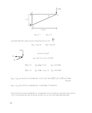 194
?? BCAC 
Las barras AB y BC tienen sección transversal de 1x 2 cm2
/AF/AF BCBCACAC 
2
221 cmA 
 
963052511
../.tan
KN.FFCosFF
KN.FSenFF
ACACBCx
BCBCy
33800
729050


  MPa./mcmN/cm.KN/cm././AFACAC 74110101741742338 224232

(Tensión)
MPa.KN/cm././AFBCBC 6488642729 2
 (Compresión)
Estos esfuerzos actuantes deberán ser comparados con los esfuerzos resistentes del material
con el fin de garantizar que las barras resistan con un factor de seguridad adecuado
A
51.
B
 C
KN5
m.52
KN5
ACF
BCF
Este documento se cre€ con la versi€n gratuita de EVALUACI•N de eXpert PDF. Esta marca de agua se eliminar‚ al
comprar la licencia de la versi€n completa de eXpert PDF. Visite www.avanquest.es para obtener m‚s informaci€n
 