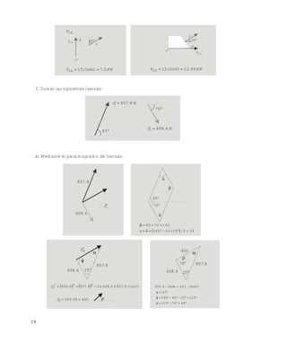 2 8
3. Sumar las siguientes fuerzas:
a) Mediante el paralelogramo de fuerzas:
CAF
CAF A
C
60
F
KN.Cos 576015FCA 
F
C
CDF
D
30
KN.Cos 99123015FCD 
N88571 .F 
85
07
N46082 .F 
8857.
4608.
rF



70
85
  2521552360
1557085


/
RF


25
8857.
    Cos2588574608288574608 222
....FR 
40099399  .FR

400
8857.
4608. 4608.


25
70
254004608 Sen/Sen/. 



4570115
1152540180
40
Este documento se cre€ con la versi€n gratuita de EVALUACI•N de eXpert PDF. Esta marca de agua se eliminar‚ al
comprar la licencia de la versi€n completa de eXpert PDF. Visite www.avanquest.es para obtener m‚s informaci€n
 
