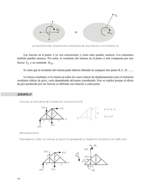 4 4
RM
RAM
RF

600 500
800 400
A 4
B
2 1 3
600
800
400
500
3M
2M
1M
La resultante del sistema está compuesta de una fuerza y un momento A
Las fuerzas en el punto A ya son concurrentes y como tales pueden sumarse. Los momentos
también pueden sumarse. Por tanto, la resultante del sistema en el punto A está compuesta por una
fuerza RF y un momento RAM .
Es claro que la resultante del sistema pudo haberse obtenido en cualquier otro punto B, C, D, .......
La fuerza resultante es la misma en todos los casos (efecto de desplazamiento) pero el momento
resultante (efecto de giro), varía dependiendo del punto considerado. Esto se explica porque el efecto
de giro producido por las fuerzas es diferente con relación a cada punto.
EJEMPLO
Calcular la resultante del sistema en los puntos A y B:
Resultante en A:
Trasladamos todas las fuerzas al punto A agregando el respectivo momento en cada caso
800
600
500
400
B
A
2 1 3
4
2 1
4
b
331
341
.b
//b


Este documento se cre€ con la versi€n gratuita de EVALUACI•N de eXpert PDF. Esta marca de agua se eliminar‚ al
comprar la licencia de la versi€n completa de eXpert PDF. Visite www.avanquest.es para obtener m‚s informaci€n
 