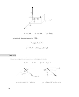 4 8
zzyyxx FCosFFCosFFCosF 
y en función de los vectores unitarios k,j,i :
kFjFiFF zyx 
kFCosjFCosiFCosF zyx 
EJEMPLO
Calcular las componentes rectangulares de las siguiente fuerza:
?Fx  ?Fy  ?Fz  ?x 
N.CosFy 0516965400  N.CosFz 12257130400 
Y
yF
F
xF
X
Z
zF
z
y
x
x
65
130
NF 400
zF
xF
FyF
Este documento se cre€ con la versi€n gratuita de EVALUACI•N de eXpert PDF. Esta marca de agua se eliminar‚ al
comprar la licencia de la versi€n completa de eXpert PDF. Visite www.avanquest.es para obtener m‚s informaci€n
 