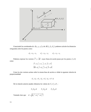 5 0
Conociendo las coordenadas de  111 z,y,xA y de  222 Z,Y,XB , podemos calcular las distancias
ortogonales entre los puntos como:
121212 zzdyydxxd zyx 
Podemos expresar los vectores F y AB cuyas líneas de acción pasan por los puntos A y B,
como:
 FkFjFiFF zyx
 dkdjdidAB zyx
Como los dos vectores actúan sobre la misma línea de acción es válida la siguiente relación de
proporcionalidad:
d/Fd/Fd/Fd/F zzyyxx 
De la relación anterior pueden obtenerse los valores de :FF,F zyx y
/d,FF/d,FF/d,FF dzzdyydxx
Teniendo claro que:  222
zyx dddd 
Y

AB
d
 222 Z,Y,XB
yd
zd
xd
F
 111 z,y,xA
0 X
Z
Este documento se cre€ con la versi€n gratuita de EVALUACI•N de eXpert PDF. Esta marca de agua se eliminar‚ al
comprar la licencia de la versi€n completa de eXpert PDF. Visite www.avanquest.es para obtener m‚s informaci€n
 