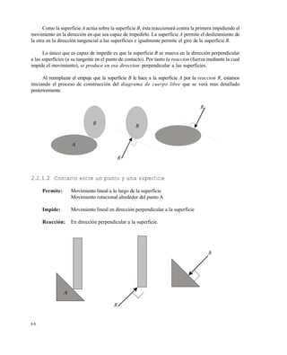 6 6
Como la superficie A actúa sobre la superficie B, ésta reaccionará contra la primera impidiendo el
movimiento en la dirección en que sea capaz de impedirlo. La superficie A permite el deslizamiento de
la otra en la dirección tangencial a las superficies e igualmente permite el giro de la superficie B.
Lo único que es capaz de impedir es que la superficie B se mueva en la dirección perpendicular
a las superficies (a su tangente en el punto de contacto). Por tanto la reaccion (fuerza mediante la cual
impide el movimiento), se produce en esa direccion: perpendicular a las superficies.
Al reemplazar el empuje que la superficie B le hace a la superficie A por la reaccion R, estamos
iniciando el proceso de construcción del diagrama de cuerpo libre que se verá mas detallado
posteriormente.
2.2.1.2 Contacto entre un punto y una superficie
Permite: Movimiento lineal a lo largo de la superficie
Movimiento rotacional alrededor del punto A
Impide: Movimiento lineal en dirección perpendicular a la superficie
Reacción: En dirección perpendicular a la superficie.

B
B
R
R
A
R
R
Este documento se cre€ con la versi€n gratuita de EVALUACI•N de eXpert PDF. Esta marca de agua se eliminar‚ al
comprar la licencia de la versi€n completa de eXpert PDF. Visite www.avanquest.es para obtener m‚s informaci€n
 