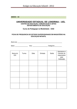 Estágio na Educação Infantil - 2012
ANEXO – 03
UNIVERSIDADE ESTADUAL DE LONDRINA – UEL
CENTRO DE EDUCAÇÃO, COMUNICAÇÃO E ARTES
DEPARTAMENTO DE EDUCAÇÃO
Curso de Pedagogia na Modalidade – EAD
FICHA DE FREQUENCIA DO ESTÁGIO SUPERVISIONADO EM MAGISTÉRIO NA
EDUCAÇAO INFANTIL
Aluno (a): ________________________________________________________
Série: ________________ Ano: ___________________ Categoria:_________
Nome do
CEI
Turma Data Entrada Saída
Assinatura e
Carimbo do
responsável
pela
Instituição
 