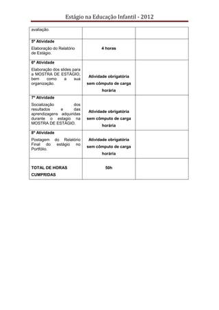Estágio na Educação Infantil - 2012
avaliação.
5º Atividade
Elaboração do Relatório
de Estágio.
4 horas
6º Atividade
Elaboração dos slides para
a MOSTRA DE ESTÁGIO,
bem como a sua
organização.
Atividade obrigatória
sem cômputo de carga
horária
7º Atividade
Socialização dos
resultados e das
aprendizagens adquiridas
durante o estagio na
MOSTRA DE ESTÁGIO.
Atividade obrigatória
sem cômputo de carga
horária
8º Atividade
Postagem do Relatório
Final do estágio no
Portfólio.
Atividade obrigatória
sem cômputo de carga
horária
TOTAL DE HORAS
CUMPRIDAS
50h
 