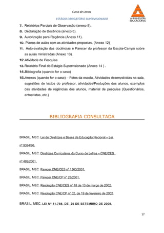 Curso de Letras

                          ESTÁGIO OBRIGATÓRIO SUPERVISIONADO

7. Relatórios Parciais de Observação (anexo 9).
8. Declaração de Docência (anexo 8).
9. Autorização para Regência (Anexo 11).
10. Planos de aulas com as atividades propostas. (Anexo 12)
11. Auto-avaliação das docências e Parecer do professor da Escola-Campo sobre
   as aulas ministradas (Anexo 13)
12.Atividade de Pesquisa
13. Relatório Final do Estágio Supervisionado (Anexo 14 ) .
14.Bibliografia (quando for o caso)
15.Anexos (quando for o caso) – Fotos da escola, Atividades desenvolvidas na sala,
   sugestões de textos do professor, atividades/Produções dos alunos, exemplos
   das atividades de regências dos alunos, material de pesquisa (Questionários,
   entrevistas, etc.)




                        BIBLIOGRAFIA CONSULTADA



BRASIL, MEC. Lei de Diretrizes e Bases da Educação Nacional – Lei

nº 9394/96.

BRASIL, MEC. Diretrizes Curriculares do Curso de Letras – CNE/CES

nº 492/2001.

BRASIL, MEC. Parecer CNE/CES nº 1363/2001.

BRASIL, MEC. Parecer CNE/CP n° 28/2001.

BRASIL, MEC. Resolução CNE/CES n° 18 de 13 de março de 2002.

BRASIL, MEC. Resolução CNE/CP n° 02, de 19 de fevereiro de 2002.


BRASIL, MEC. LEI Nº 11.788, DE 25 DE SETEMBRO DE 2008.


                                                                                17
 