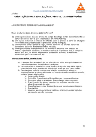 Curso de Letras

                         ESTÁGIO OBRIGATÓRIO SUPERVISIONADO
ANEXO 9
   ORIENTAÇÕES PARA A ELABORAÇÃO DO REGISTRO DAS OBSERVAÇÕES:


...QUE MEMÓRIAS TEREI DO ESTÁGIO REALIZADO?



O quê a natureza desta disciplina poderá oferecer?

a) uma experiência de atuação prática no campo de estágio e mais especificamente no
   campo disciplinar para o qual a licenciatura em letras habilita;
b) um espaço individual e coletivo de reflexão sobre a prática, a partir de situações
   vivenciadas e/ou presenciadas na prática do ensino de língua;
c) um momento entre o pensar e o agir, entre o aprender e o ensinar, porque se
   acredita no potencial de reflexão contido na ação;
d) uma oportunidade de experimentar a si mesmo no encontro com a escola e o
   ensino, o professor, os alunos, os materiais com que se produz a aula, o tempo da
   escola e da aula, os modos de pensar de professores e alunos, as realidades
   construídas pela cultura escolar, etc.

Observações sobre os relatórios:

       1- O relatório será elaborado por dia e/ou período e não mais por aula em um
          caderninho pequeno de preferência capa dura;
       2- Informar no início do relatório: data, horário de entrada e de saída da U.E.,
          quantidade de aulas observadas; discriminar as séries; prof. responsável
       3- Os estagiários poderão realizar uma reflexão pessoal e/ou relatar as
          observações que acharem relevantes, no entanto deverão considerar também
          os itens abaixo relacionados:
                 Organização da aula;
                 Conteúdo, Procedimentos Metodológicos e recursos utilizados;
                 Comentar sobre as atividades desenvolvidas e dar exemplos;
                 Envolvimento dos alunos e postura do professor nas diferentes
                   situações em sala de aula;
                 Situações favoráveis e desfavoráveis para o ensino/aprendizagem;
                 Imprevistos;
                 Levantar questionamentos e hipóteses e também, propor soluções
                   para aquilo que não concorda.




                                                                                     28
 