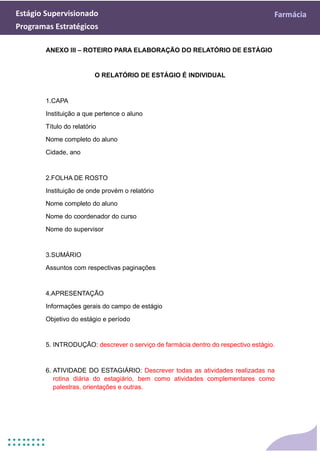 Estágio Supervisionado Farmácia
Programas Estratégicos
ANEXO III – ROTEIRO PARA ELABORAÇÃO DO RELATÓRIO DE ESTÁGIO
O RELATÓRIO DE ESTÁGIO É INDIVIDUAL
1.CAPA
Instituição a que pertence o aluno
Título do relatório
Nome completo do aluno
Cidade, ano
2.FOLHA DE ROSTO
Instituição de onde provém o relatório
Nome completo do aluno
Nome do coordenador do curso
Nome do supervisor
3.SUMÁRIO
Assuntos com respectivas paginações
4.APRESENTAÇÃO
Informações gerais do campo de estágio
Objetivo do estágio e período
5. INTRODUÇÃO: descrever o serviço de farmácia dentro do respectivo estágio.
6. ATIVIDADE DO ESTAGIÁRIO: Descrever todas as atividades realizadas na
rotina diária do estagiário, bem como atividades complementares como
palestras, orientações e outras.
 