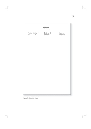 31




                              ERRATA
                              ERRAT


        Folha     Linha        Onde se lê    Leia-se
        32          3          publiacao    publicação




Figura 7 – Modelo de Errata
 