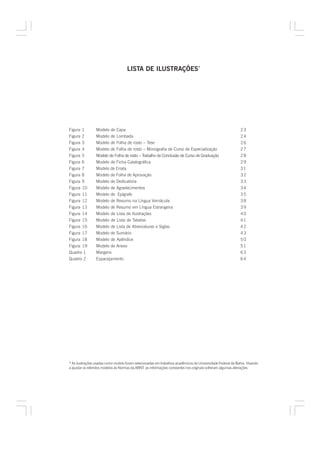 LISTA DE ILUSTRAÇÕES*




Figura 1         Modelo de Capa                                                                             23
Figura 2         Modelo de Lombada                                                                          24
Figura 3         Modelo de Folha de rosto – Tese                                                            26
Figura 4         Modelo de Folha de rosto – Monografia de Curso de Especialização                           27
Figura 5         Modelo de Folha de rosto – Trabalho de Conclusão de Curso de Graduação                     28
Figura 6         Modelo de Ficha Catalográfica                                                              29
Figura 7         Modelo de Errata                                                                           31
Figura 8         Modelo de Folha de Aprovação                                                               32
Figura 9         Modelo de Dedicatória                                                                      33
Figura 10        Modelo de Agradecimentos                                                                   34
Figura 11        Modelo de Epígrafe                                                                         35
Figura 12        Modelo de Resumo na Língua Vernácula                                                       38
Figura 13        Modelo de Resumo em Língua Estrangeira                                                     39
Figura 14        Modelo de Lista de Ilustrações                                                             40
Figura 15        Modelo de Lista de Tabelas                                                                 41
Figura 16        Modelo de Lista de Abreviaturas e Siglas                                                   42
Figura 17        Modelo de Sumário                                                                          43
Figura 18        Modelo de Apêndice                                                                         50
Figura 19        Modelo de Anexo                                                                            51
Quadro 1         Margens                                                                                    63
Quadro 2         Espacejamento                                                                              64




* As ilustrações usadas como modelo foram selecionadas em trabalhos acadêmicos da Universidade Federal da Bahia. Visando
a ajustar os referidos modelos às Normas da ABNT, as informações constantes nos originais sofreram algumas alterações.
 