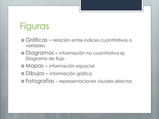 Figuras
 Gráficas    – relación entre índices cuantitativos o
  variables
 Diagramas      – información no cuantitativa ej.
  Diagrama de flujo
 Mapas   – información espacial
 Dibujos – información gráfica
 Fotografías – representaciones visuales directas
 