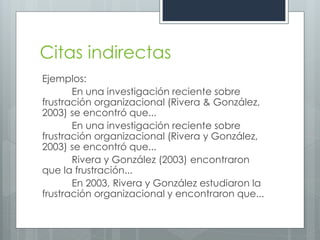Citas indirectas
Ejemplos:
       En una investigación reciente sobre
frustración organizacional (Rivera & González,
2003) se encontró que...
       En una investigación reciente sobre
frustración organizacional (Rivera y González,
2003) se encontró que...
       Rivera y González (2003) encontraron
que la frustración...
       En 2003, Rivera y González estudiaron la
frustración organizacional y encontraron que...
 