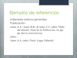 Ejemplos de referencias
 Ejemplos    básicos generales:
Publicación -
Autor, A.A., Autor, B.B., & Autor, C.C. (año). Título
       del artículo. Título de la Publicación, xx, pp-
       pp. doi:xx.xxxxxxxxxxx
Libro -
Autor, A.A. (año). Título. Lugar: Editorial
 