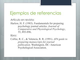 Ejemplos de referencias
Artículo en revista:
Harlow, H. F. (1983). Fundamentals for preparing
       psychology journal articles. Journal of
       Comparative and Physiological Psychology,
       55, 893-896.
libro:
Calfee, R. C., & Valencia, R. R. (1991). APA guide to
       preparing manuscripts for journal
       publication. Washington, DC: American
       Psychological Association.
 