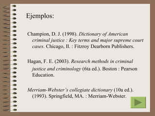 Ejemplos:

Champion, D. J. (1998). Dictionary of American
  criminal justice : Key terms and major supreme court
  cases. Chicago, Il. : Fitzroy Dearborn Publishers.

Hagan, F. E. (2003). Research methods in criminal
 justice and criminology (6ta ed.). Boston : Pearson
 Education.

Merriam-Webster’s collegiate dictionary (10a ed.).
 (1993). Springfield, MA. : Merriam-Webster.
 
