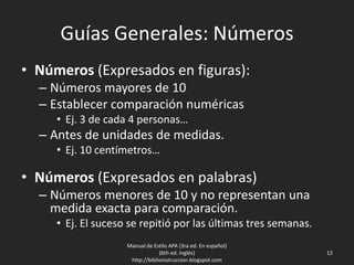 Guías Generales: Números
• Números (Expresados en figuras):
– Números mayores de 10
– Establecer comparación numéricas
• Ej. 3 de cada 4 personas…
– Antes de unidades de medidas.
• Ej. 10 centímetros…
• Números (Expresados en palabras)
– Números menores de 10 y no representan una
medida exacta para comparación.
• Ej. El suceso se repitió por las últimas tres semanas.
Manual de Estilo APA (3ra ed. En español)
(6th ed. Inglés)
http://biblioinstruccion.blogspot.com
12
 