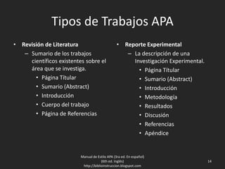 Tipos de Trabajos APA
• Revisión de Literatura
– Sumario de los trabajos
científicos existentes sobre el
área que se investiga.
• Página Títular
• Sumario (Abstract)
• Introducción
• Cuerpo del trabajo
• Página de Referencias
• Reporte Experimental
– La descripción de una
Investigación Experimental.
• Página Títular
• Sumario (Abstract)
• Introducción
• Metodología
• Resultados
• Discusión
• Referencias
• Apéndice
Manual de Estilo APA (3ra ed. En español)
(6th ed. Inglés)
http://biblioinstruccion.blogspot.com
14
 