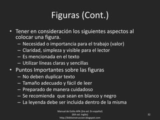 Figuras (Cont.)
• Tener en consideración los siguientes aspectos al
colocar una figura.
– Necesidad o importancia para el trabajo (valor)
– Claridad, simpleza y visible para el lector
– Es mencionada en el texto
– Utilizar líneas claras y sencillas
• Puntos Importantes sobre las figuras
– No deben duplicar texto
– Tamaño adecuado y fácil de leer
– Preparado de manera cuidadoso
– Se recomienda que sean en blanco y negro
– La leyenda debe ser incluida dentro de la misma
Manual de Estilo APA (3ra ed. En español)
(6th ed. Inglés)
http://biblioinstruccion.blogspot.com
32
 