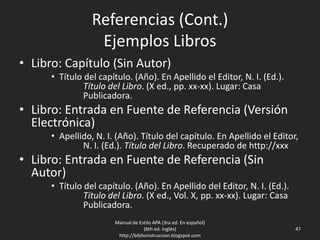 Referencias (Cont.)
Ejemplos Libros
• Libro: Capítulo (Sin Autor)
• Título del capítulo. (Año). En Apellido el Editor, N. I. (Ed.).
Título del Libro. (X ed., pp. xx-xx). Lugar: Casa
Publicadora.
• Libro: Entrada en Fuente de Referencia (Versión
Electrónica)
• Apellido, N. I. (Año). Título del capítulo. En Apellido el Editor,
N. I. (Ed.). Título del Libro. Recuperado de http://xxx
• Libro: Entrada en Fuente de Referencia (Sin
Autor)
• Título del capítulo. (Año). En Apellido del Editor, N. I. (Ed.).
Título del Libro. (X ed., Vol. X, pp. xx-xx). Lugar: Casa
Publicadora.
Manual de Estilo APA (3ra ed. En español)
(6th ed. Inglés)
http://biblioinstruccion.blogspot.com
47
 