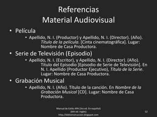 Referencias
Material Audiovisual
• Película
• Apellido, N. I. (Productor) y Apellido, N. I. (Director). (Año).
Título de la película. [Cinta cinematográfica]. Lugar:
Nombre de Casa Productora.
• Serie de Televisión (Episodio)
• Apellido, N. I. (Escritor), y Apellido, N. I. (Director). (Año).
Título del Episodio [Episodio de Serie de Televisión]. En
N. I. Apellido (Productor Ejecutivo), Título de la Serie.
Lugar: Nombre de Casa Productora.
• Grabación Musical
• Apellido, N. I. (Año). Título de la canción. En Nombre de la
Grabación Musical [CD]. Lugar: Nombre de Casa
Productora.
Manual de Estilo APA (3ra ed. En español)
(6th ed. Inglés)
http://biblioinstruccion.blogspot.com
52
 