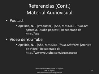 Referencias (Cont.)
Material Audiovisual
• Podcast
• Apellido, N. I. (Productor). (Año, Mes Día). Título del
episodio. [Audio podcast]. Recuperado de
http://xxx
• Video de You Tube
• Apellido, N. I. (Año, Mes Día). Título del video. [Archivo
de Video]. Recuperado de
http://www.youtube.com/xxxxxxxxxxx
Manual de Estilo APA (3ra ed. En español)
(6th ed. Inglés)
http://biblioinstruccion.blogspot.com
53
 