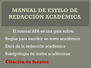 El manual APA es una guía sobre:
Reglas
Ética

para escribir un texto académico

de la redacción académica

Subtipología

Citación

de textos académicos

de fuentes

 
