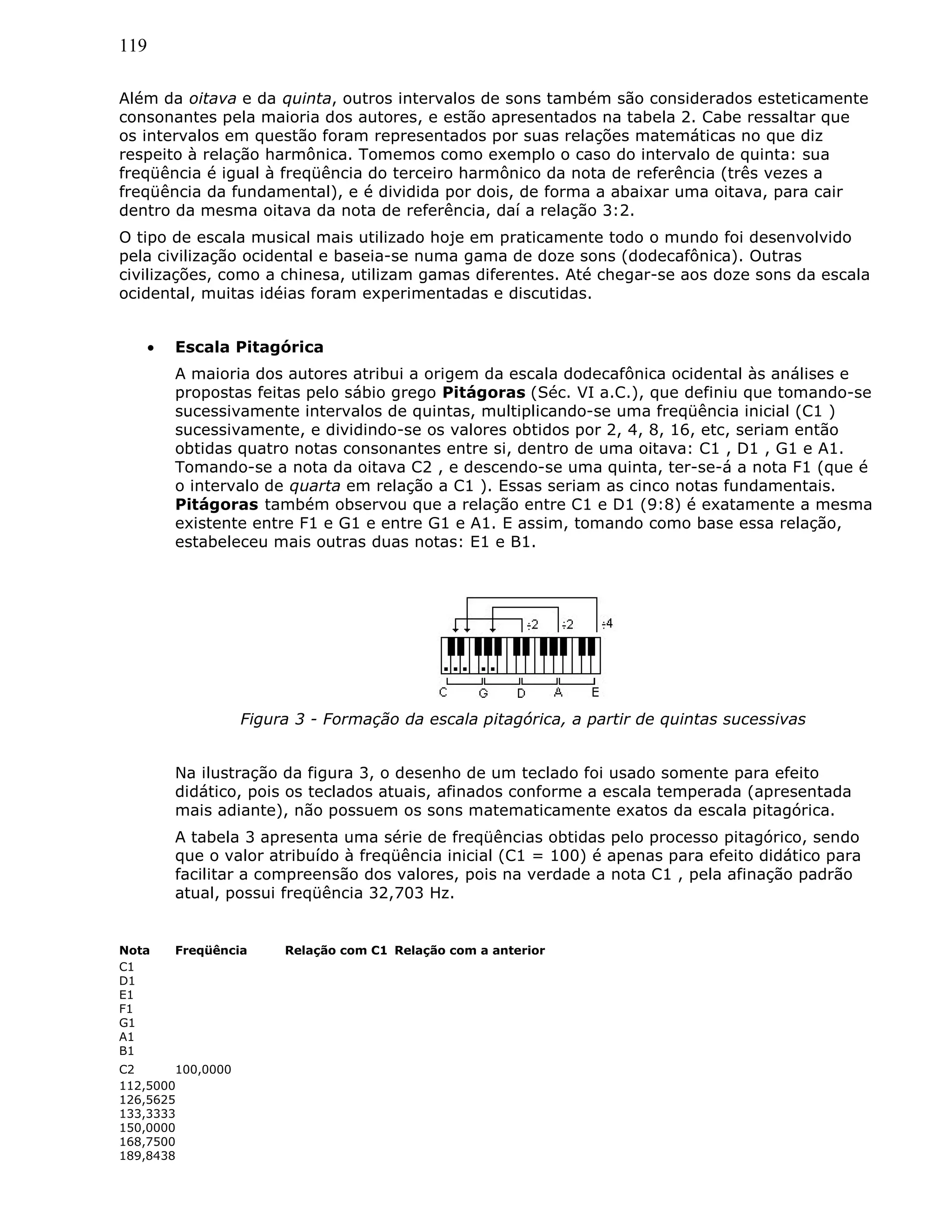 119
Além da oitava e da quinta, outros intervalos de sons também são considerados esteticamente
consonantes pela maioria dos autores, e estão apresentados na tabela 2. Cabe ressaltar que
os intervalos em questão foram representados por suas relações matemáticas no que diz
respeito à relação harmônica. Tomemos como exemplo o caso do intervalo de quinta: sua
freqüência é igual à freqüência do terceiro harmônico da nota de referência (três vezes a
freqüência da fundamental), e é dividida por dois, de forma a abaixar uma oitava, para cair
dentro da mesma oitava da nota de referência, daí a relação 3:2.
O tipo de escala musical mais utilizado hoje em praticamente todo o mundo foi desenvolvido
pela civilização ocidental e baseia-se numa gama de doze sons (dodecafônica). Outras
civilizações, como a chinesa, utilizam gamas diferentes. Até chegar-se aos doze sons da escala
ocidental, muitas idéias foram experimentadas e discutidas.
• Escala Pitagórica
A maioria dos autores atribui a origem da escala dodecafônica ocidental às análises e
propostas feitas pelo sábio grego Pitágoras (Séc. VI a.C.), que definiu que tomando-se
sucessivamente intervalos de quintas, multiplicando-se uma freqüência inicial (C1 )
sucessivamente, e dividindo-se os valores obtidos por 2, 4, 8, 16, etc, seriam então
obtidas quatro notas consonantes entre si, dentro de uma oitava: C1 , D1 , G1 e A1.
Tomando-se a nota da oitava C2 , e descendo-se uma quinta, ter-se-á a nota F1 (que é
o intervalo de quarta em relação a C1 ). Essas seriam as cinco notas fundamentais.
Pitágoras também observou que a relação entre C1 e D1 (9:8) é exatamente a mesma
existente entre F1 e G1 e entre G1 e A1. E assim, tomando como base essa relação,
estabeleceu mais outras duas notas: E1 e B1.
Figura 3 - Formação da escala pitagórica, a partir de quintas sucessivas
Na ilustração da figura 3, o desenho de um teclado foi usado somente para efeito
didático, pois os teclados atuais, afinados conforme a escala temperada (apresentada
mais adiante), não possuem os sons matematicamente exatos da escala pitagórica.
A tabela 3 apresenta uma série de freqüências obtidas pelo processo pitagórico, sendo
que o valor atribuído à freqüência inicial (C1 = 100) é apenas para efeito didático para
facilitar a compreensão dos valores, pois na verdade a nota C1 , pela afinação padrão
atual, possui freqüência 32,703 Hz.
Nota Freqüência Relação com C1 Relação com a anterior
C1
D1
E1
F1
G1
A1
B1
C2 100,0000
112,5000
126,5625
133,3333
150,0000
168,7500
189,8438
 