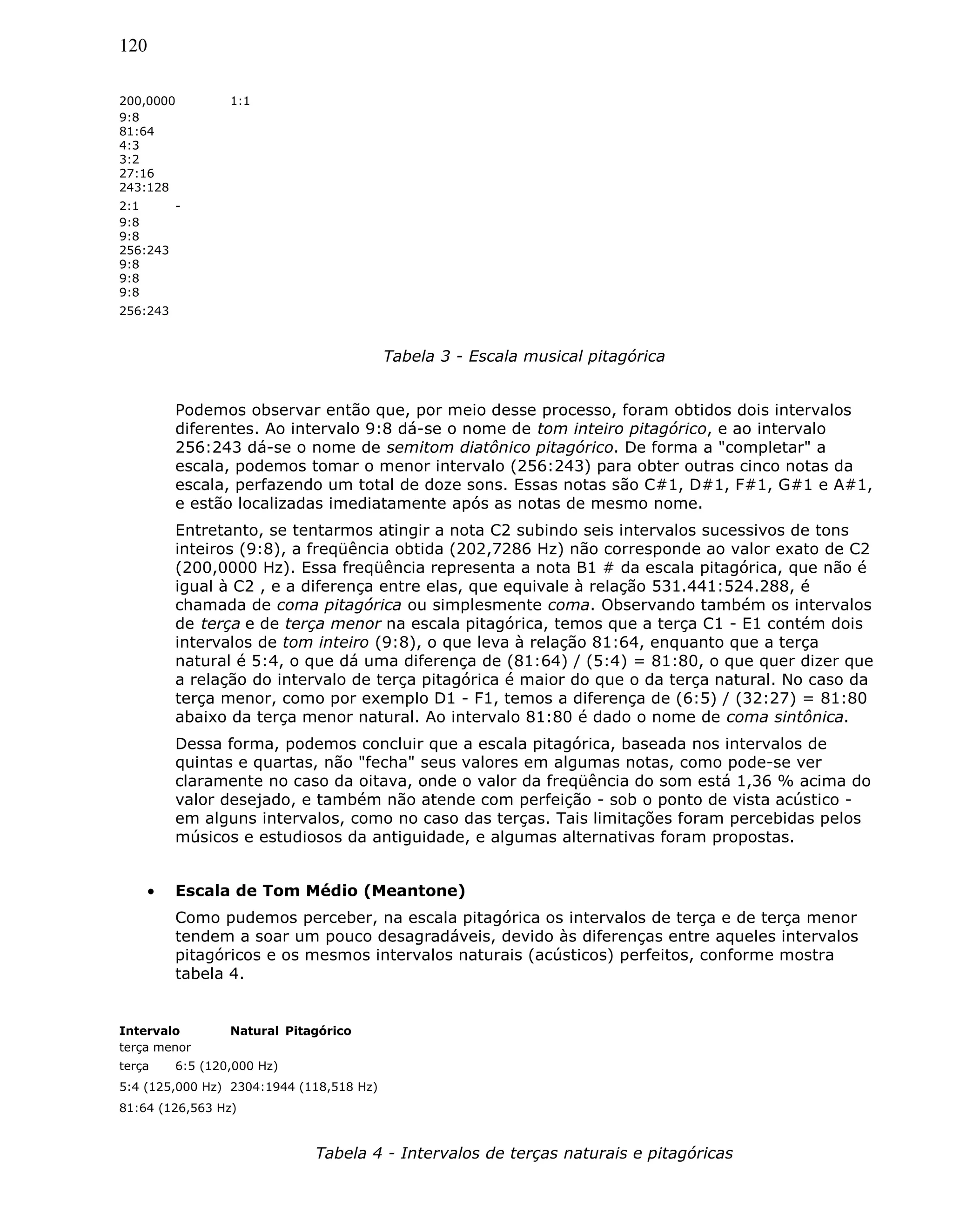 120
200,0000 1:1
9:8
81:64
4:3
3:2
27:16
243:128
2:1 -
9:8
9:8
256:243
9:8
9:8
9:8
256:243
Tabela 3 - Escala musical pitagórica
Podemos observar então que, por meio desse processo, foram obtidos dois intervalos
diferentes. Ao intervalo 9:8 dá-se o nome de tom inteiro pitagórico, e ao intervalo
256:243 dá-se o nome de semitom diatônico pitagórico. De forma a "completar" a
escala, podemos tomar o menor intervalo (256:243) para obter outras cinco notas da
escala, perfazendo um total de doze sons. Essas notas são C#1, D#1, F#1, G#1 e A#1,
e estão localizadas imediatamente após as notas de mesmo nome.
Entretanto, se tentarmos atingir a nota C2 subindo seis intervalos sucessivos de tons
inteiros (9:8), a freqüência obtida (202,7286 Hz) não corresponde ao valor exato de C2
(200,0000 Hz). Essa freqüência representa a nota B1 # da escala pitagórica, que não é
igual à C2 , e a diferença entre elas, que equivale à relação 531.441:524.288, é
chamada de coma pitagórica ou simplesmente coma. Observando também os intervalos
de terça e de terça menor na escala pitagórica, temos que a terça C1 - E1 contém dois
intervalos de tom inteiro (9:8), o que leva à relação 81:64, enquanto que a terça
natural é 5:4, o que dá uma diferença de (81:64) / (5:4) = 81:80, o que quer dizer que
a relação do intervalo de terça pitagórica é maior do que o da terça natural. No caso da
terça menor, como por exemplo D1 - F1, temos a diferença de (6:5) / (32:27) = 81:80
abaixo da terça menor natural. Ao intervalo 81:80 é dado o nome de coma sintônica.
Dessa forma, podemos concluir que a escala pitagórica, baseada nos intervalos de
quintas e quartas, não "fecha" seus valores em algumas notas, como pode-se ver
claramente no caso da oitava, onde o valor da freqüência do som está 1,36 % acima do
valor desejado, e também não atende com perfeição - sob o ponto de vista acústico -
em alguns intervalos, como no caso das terças. Tais limitações foram percebidas pelos
músicos e estudiosos da antiguidade, e algumas alternativas foram propostas.
• Escala de Tom Médio (Meantone)
Como pudemos perceber, na escala pitagórica os intervalos de terça e de terça menor
tendem a soar um pouco desagradáveis, devido às diferenças entre aqueles intervalos
pitagóricos e os mesmos intervalos naturais (acústicos) perfeitos, conforme mostra
tabela 4.
Intervalo Natural Pitagórico
terça menor
terça 6:5 (120,000 Hz)
5:4 (125,000 Hz) 2304:1944 (118,518 Hz)
81:64 (126,563 Hz)
Tabela 4 - Intervalos de terças naturais e pitagóricas
 
