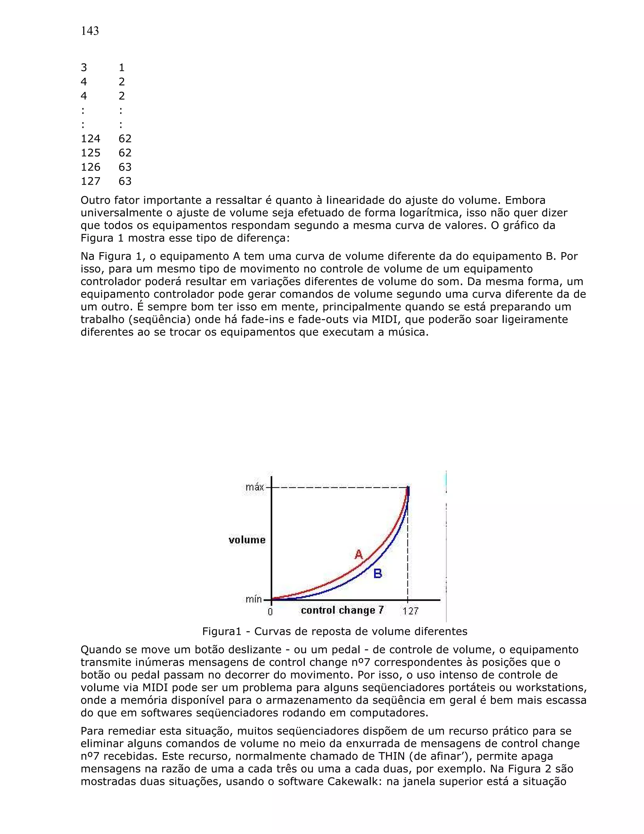143
3 1
4 2
4 2
: :
: :
124 62
125 62
126 63
127 63
Outro fator importante a ressaltar é quanto à linearidade do ajuste do volume. Embora
universalmente o ajuste de volume seja efetuado de forma logarítmica, isso não quer dizer
que todos os equipamentos respondam segundo a mesma curva de valores. O gráfico da
Figura 1 mostra esse tipo de diferença:
Na Figura 1, o equipamento A tem uma curva de volume diferente da do equipamento B. Por
isso, para um mesmo tipo de movimento no controle de volume de um equipamento
controlador poderá resultar em variações diferentes de volume do som. Da mesma forma, um
equipamento controlador pode gerar comandos de volume segundo uma curva diferente da de
um outro. É sempre bom ter isso em mente, principalmente quando se está preparando um
trabalho (seqüência) onde há fade-ins e fade-outs via MIDI, que poderão soar ligeiramente
diferentes ao se trocar os equipamentos que executam a música.
Figura1 - Curvas de reposta de volume diferentes
Quando se move um botão deslizante - ou um pedal - de controle de volume, o equipamento
transmite inúmeras mensagens de control change nº7 correspondentes às posições que o
botão ou pedal passam no decorrer do movimento. Por isso, o uso intenso de controle de
volume via MIDI pode ser um problema para alguns seqüenciadores portáteis ou workstations,
onde a memória disponível para o armazenamento da seqüência em geral é bem mais escassa
do que em softwares seqüenciadores rodando em computadores.
Para remediar esta situação, muitos seqüenciadores dispõem de um recurso prático para se
eliminar alguns comandos de volume no meio da enxurrada de mensagens de control change
nº7 recebidas. Este recurso, normalmente chamado de THIN (de afinar’), permite apaga
mensagens na razão de uma a cada três ou uma a cada duas, por exemplo. Na Figura 2 são
mostradas duas situações, usando o software Cakewalk: na janela superior está a situação
 