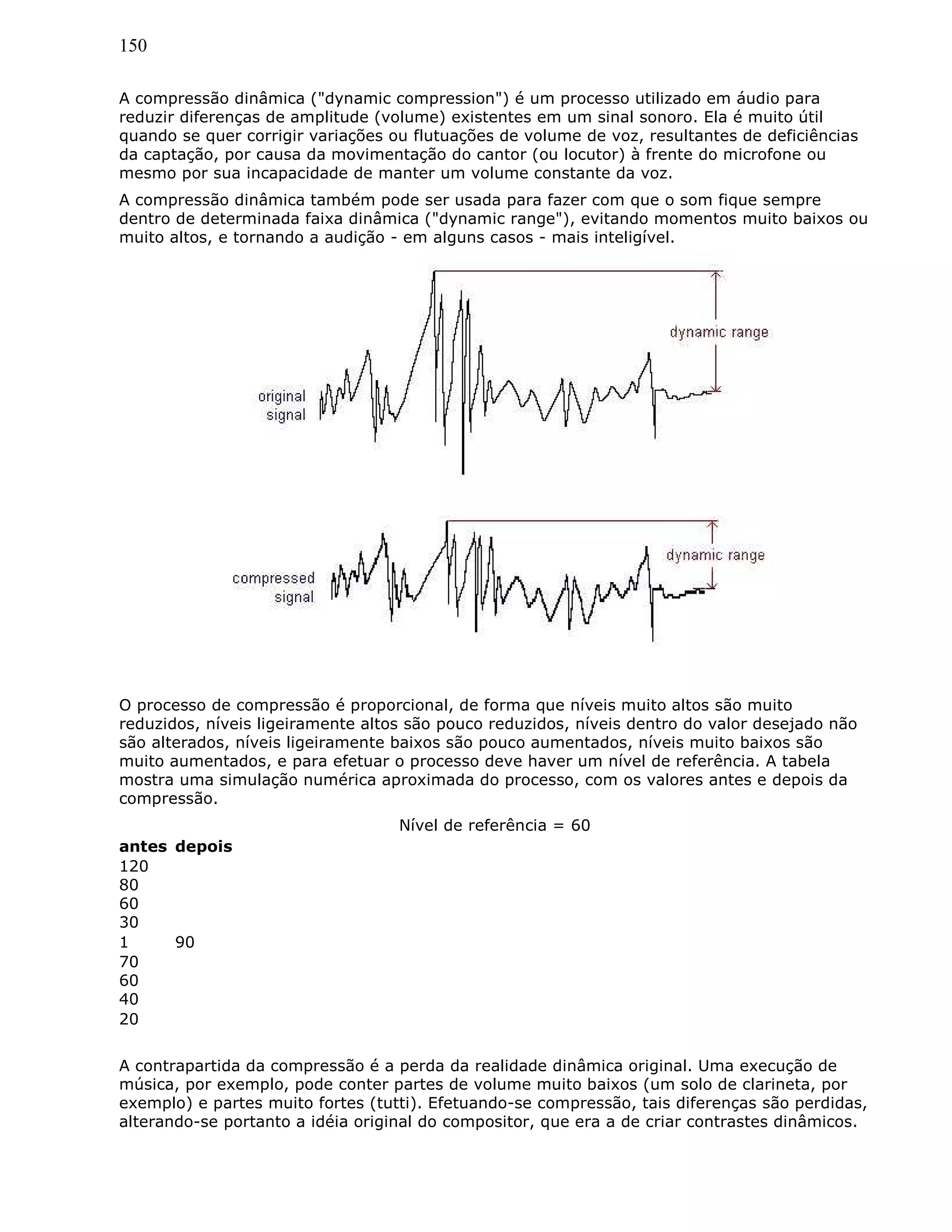 150
A compressão dinâmica ("dynamic compression") é um processo utilizado em áudio para
reduzir diferenças de amplitude (volume) existentes em um sinal sonoro. Ela é muito útil
quando se quer corrigir variações ou flutuações de volume de voz, resultantes de deficiências
da captação, por causa da movimentação do cantor (ou locutor) à frente do microfone ou
mesmo por sua incapacidade de manter um volume constante da voz.
A compressão dinâmica também pode ser usada para fazer com que o som fique sempre
dentro de determinada faixa dinâmica ("dynamic range"), evitando momentos muito baixos ou
muito altos, e tornando a audição - em alguns casos - mais inteligível.
O processo de compressão é proporcional, de forma que níveis muito altos são muito
reduzidos, níveis ligeiramente altos são pouco reduzidos, níveis dentro do valor desejado não
são alterados, níveis ligeiramente baixos são pouco aumentados, níveis muito baixos são
muito aumentados, e para efetuar o processo deve haver um nível de referência. A tabela
mostra uma simulação numérica aproximada do processo, com os valores antes e depois da
compressão.
Nível de referência = 60
antes depois
120
80
60
30
1 90
70
60
40
20
A contrapartida da compressão é a perda da realidade dinâmica original. Uma execução de
música, por exemplo, pode conter partes de volume muito baixos (um solo de clarineta, por
exemplo) e partes muito fortes (tutti). Efetuando-se compressão, tais diferenças são perdidas,
alterando-se portanto a idéia original do compositor, que era a de criar contrastes dinâmicos.
 