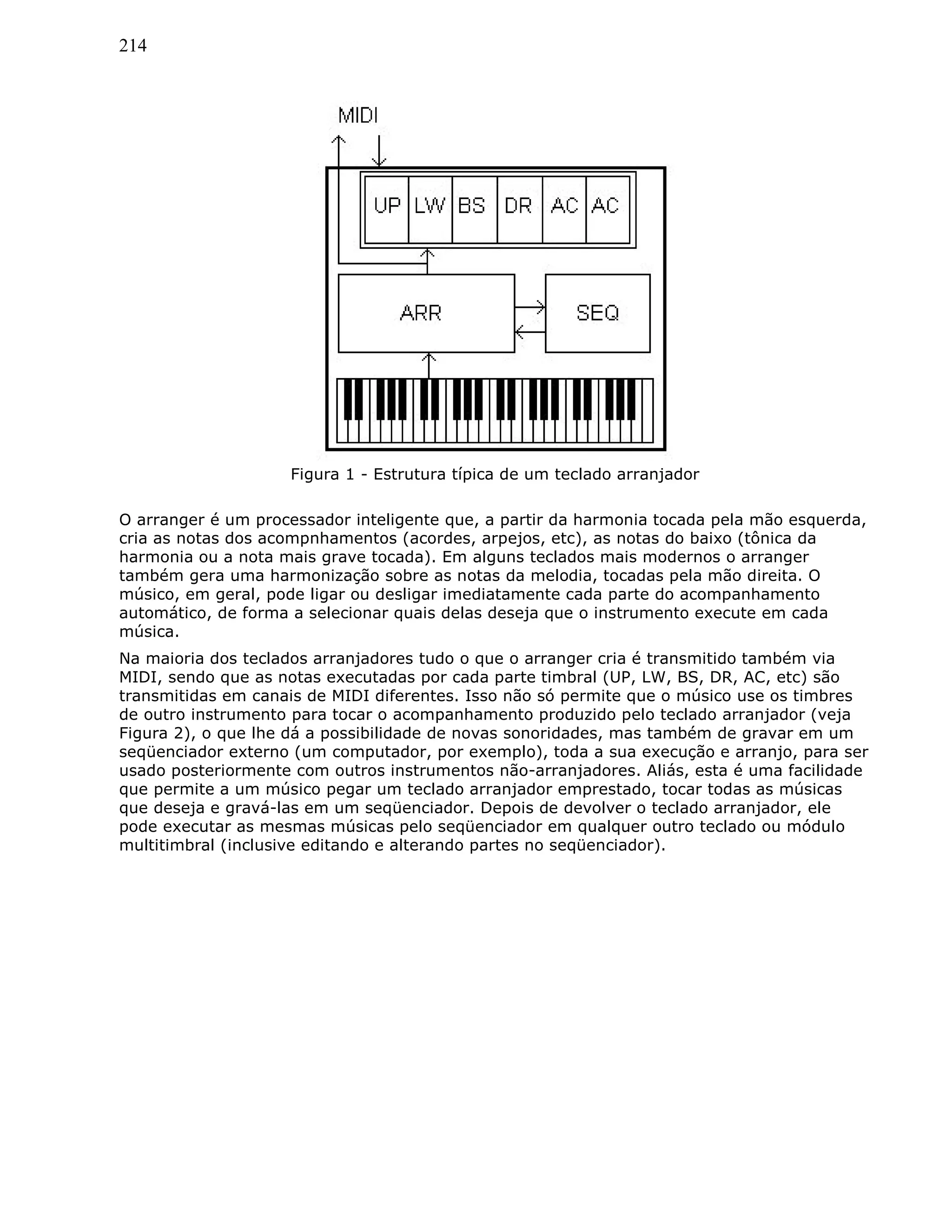 214
Figura 1 - Estrutura típica de um teclado arranjador
O arranger é um processador inteligente que, a partir da harmonia tocada pela mão esquerda,
cria as notas dos acompnhamentos (acordes, arpejos, etc), as notas do baixo (tônica da
harmonia ou a nota mais grave tocada). Em alguns teclados mais modernos o arranger
também gera uma harmonização sobre as notas da melodia, tocadas pela mão direita. O
músico, em geral, pode ligar ou desligar imediatamente cada parte do acompanhamento
automático, de forma a selecionar quais delas deseja que o instrumento execute em cada
música.
Na maioria dos teclados arranjadores tudo o que o arranger cria é transmitido também via
MIDI, sendo que as notas executadas por cada parte timbral (UP, LW, BS, DR, AC, etc) são
transmitidas em canais de MIDI diferentes. Isso não só permite que o músico use os timbres
de outro instrumento para tocar o acompanhamento produzido pelo teclado arranjador (veja
Figura 2), o que lhe dá a possibilidade de novas sonoridades, mas também de gravar em um
seqüenciador externo (um computador, por exemplo), toda a sua execução e arranjo, para ser
usado posteriormente com outros instrumentos não-arranjadores. Aliás, esta é uma facilidade
que permite a um músico pegar um teclado arranjador emprestado, tocar todas as músicas
que deseja e gravá-las em um seqüenciador. Depois de devolver o teclado arranjador, ele
pode executar as mesmas músicas pelo seqüenciador em qualquer outro teclado ou módulo
multitimbral (inclusive editando e alterando partes no seqüenciador).
 