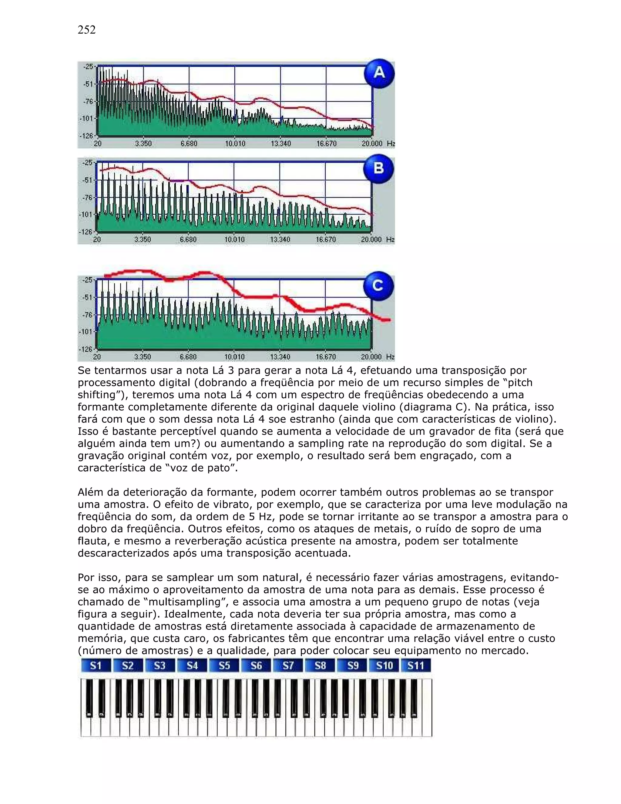 252
Se tentarmos usar a nota Lá 3 para gerar a nota Lá 4, efetuando uma transposição por
processamento digital (dobrando a freqüência por meio de um recurso simples de “pitch
shifting”), teremos uma nota Lá 4 com um espectro de freqüências obedecendo a uma
formante completamente diferente da original daquele violino (diagrama C). Na prática, isso
fará com que o som dessa nota Lá 4 soe estranho (ainda que com características de violino).
Isso é bastante perceptível quando se aumenta a velocidade de um gravador de fita (será que
alguém ainda tem um?) ou aumentando a sampling rate na reprodução do som digital. Se a
gravação original contém voz, por exemplo, o resultado será bem engraçado, com a
característica de “voz de pato”.
Além da deterioração da formante, podem ocorrer também outros problemas ao se transpor
uma amostra. O efeito de vibrato, por exemplo, que se caracteriza por uma leve modulação na
freqüência do som, da ordem de 5 Hz, pode se tornar irritante ao se transpor a amostra para o
dobro da freqüência. Outros efeitos, como os ataques de metais, o ruído de sopro de uma
flauta, e mesmo a reverberação acústica presente na amostra, podem ser totalmente
descaracterizados após uma transposição acentuada.
Por isso, para se samplear um som natural, é necessário fazer várias amostragens, evitando-
se ao máximo o aproveitamento da amostra de uma nota para as demais. Esse processo é
chamado de “multisampling”, e associa uma amostra a um pequeno grupo de notas (veja
figura a seguir). Idealmente, cada nota deveria ter sua própria amostra, mas como a
quantidade de amostras está diretamente associada à capacidade de armazenamento de
memória, que custa caro, os fabricantes têm que encontrar uma relação viável entre o custo
(número de amostras) e a qualidade, para poder colocar seu equipamento no mercado.
 