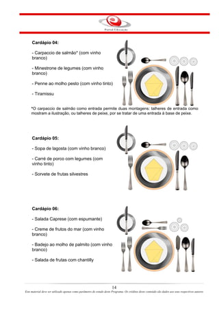 Cardápio 04:
- Carpaccio de salmão* (com vinho
branco)
- Minestrone de legumes (com vinho
branco)
- Penne ao molho pesto (com vinho tinto)
- Tiramissu
*O carpaccio de salmão como entrada permite duas montagens: talheres de entrada como
mostram a ilustração, ou talheres de peixe, por se tratar de uma entrada à base de peixe.
Cardápio 05:
- Sopa de lagosta (com vinho branco)
- Carré de porco com legumes (com
vinho tinto)
- Sorvete de frutas silvestres
Cardápio 06:
- Salada Caprese (com espumante)
- Creme de frutos do mar (com vinho
branco)
- Badejo ao molho de palmito (com vinho
branco)
- Salada de frutas com chantilly
14
Este material deve ser utilizado apenas como parâmetro de estudo deste Programa. Os créditos deste conteúdo são dados aos seus respectivos autores
 