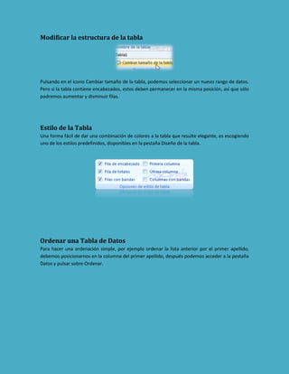 Modificar la estructura de la tabla

Pulsando en el icono Cambiar tamaño de la tabla, podemos seleccionar un nuevo rango de datos.
Pero si la tabla contiene encabezados, estos deben permanecer en la misma posición, así que sólo
podremos aumentar y disminuir filas.

Estilo de la Tabla
Una forma fácil de dar una combinación de colores a la tabla que resulte elegante, es escogiendo
uno de los estilos predefinidos, disponibles en la pestaña Diseño de la tabla.

Ordenar una Tabla de Datos
Para hacer una ordenación simple, por ejemplo ordenar la lista anterior por el primer apellido,
debemos posicionarnos en la columna del primer apellido, después podemos acceder a la pestaña
Datos y pulsar sobre Ordenar.

 