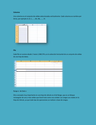 Columna
Una columna es el conjunto de celdas seleccionadas verticalmente. Cada columna se nombra por
letras, por ejemplo A, B, C,.......AA, AB,........IV.

Fila
Cada fila se numera desde 1 hasta 1.048.576 y es la selección horizontal de un conjunto de celdas
de una hoja de datos.

Rango o de Dato s
Otro concepto muy importante en una hoja de cálculo es el de Rango, que es un bloque
rectangular de una o más celdas que Excel trata como una unidad. Los rangos son vitales en la
Hoja de Cálculo, ya que todo tipo de operaciones se realizan a base de rangos.

 