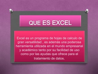 Excel es un programa de hojas de calculo de
gran versatilidad , es además una poderosa
herramienta utilizada en el mundo empresarial
y académico tanto por su facilidad de uso
como por las ayudas que ofrece para el
tratamiento de datos.
 