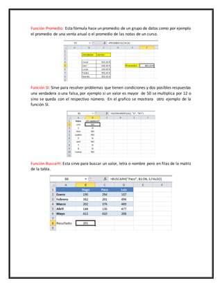 Función Promedio: Esta fórmula hace un promedio de un grupo de datos como por ejemplo
el promedio de una venta anual o el promedio de las notas de un curso.
Función SI: Sirve para resolver problemas que tienen condiciones y dos posibles respuestas
una verdadera o una falsa, por ejemplo si un valor es mayor de 50 se multiplica por 12 o
sino se queda con el respectivo número. En el grafico se mostrara otro ejemplo de la
función SI.
Función BuscarH: Esta sirve para buscar un valor, letra o nombre pero en filas de la matriz
de la tabla.
 