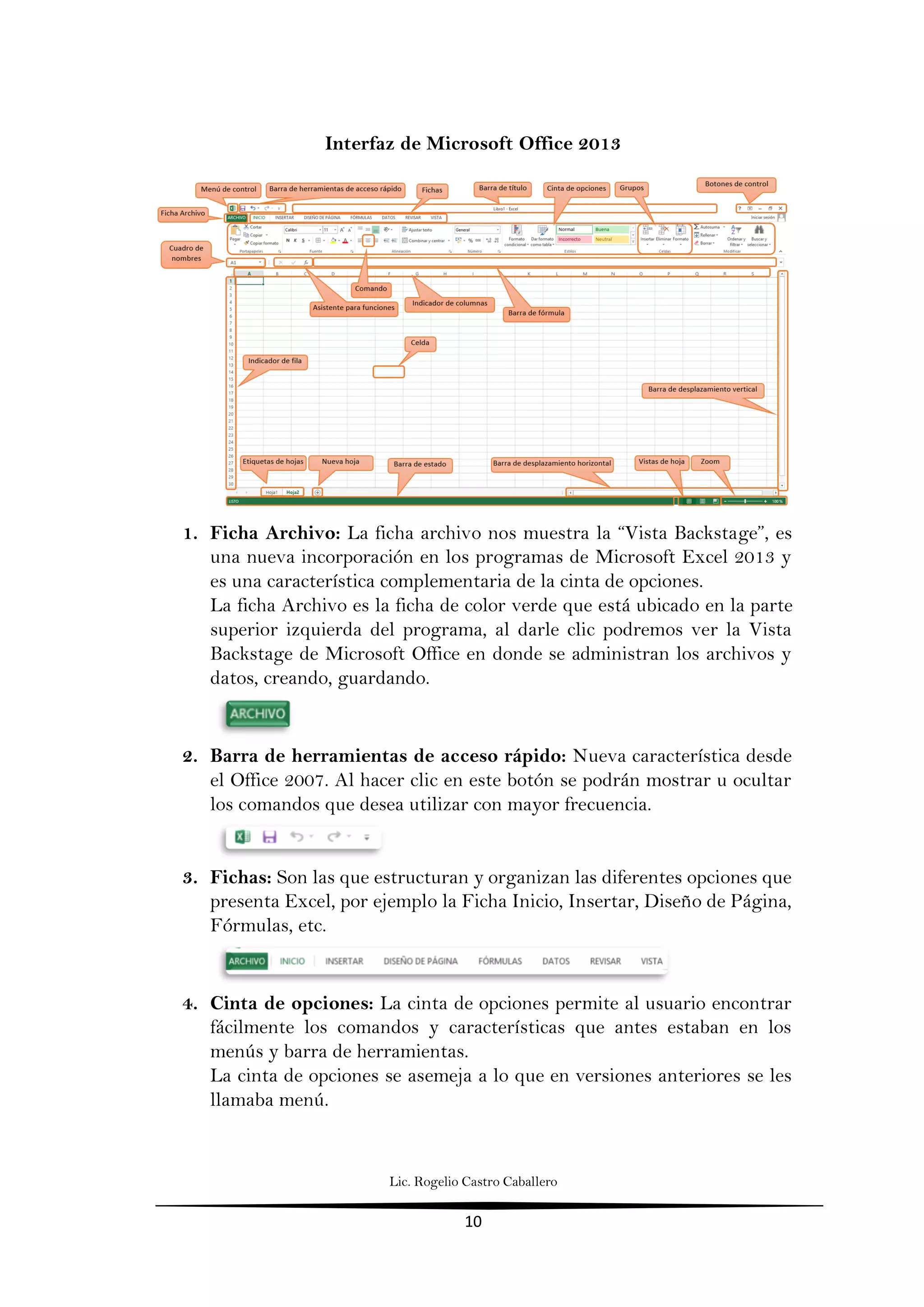 Lic. Rogelio Castro Caballero
10
Interfaz de Microsoft Office 2013
1. Ficha Archivo: La ficha archivo nos muestra la “Vista Backstage”, es
una nueva incorporación en los programas de Microsoft Excel 2013 y
es una característica complementaria de la cinta de opciones.
La ficha Archivo es la ficha de color verde que está ubicado en la parte
superior izquierda del programa, al darle clic podremos ver la Vista
Backstage de Microsoft Office en donde se administran los archivos y
datos, creando, guardando.
2. Barra de herramientas de acceso rápido: Nueva característica desde
el Office 2007. Al hacer clic en este botón se podrán mostrar u ocultar
los comandos que desea utilizar con mayor frecuencia.
3. Fichas: Son las que estructuran y organizan las diferentes opciones que
presenta Excel, por ejemplo la Ficha Inicio, Insertar, Diseño de Página,
Fórmulas, etc.
4. Cinta de opciones: La cinta de opciones permite al usuario encontrar
fácilmente los comandos y características que antes estaban en los
menús y barra de herramientas.
La cinta de opciones se asemeja a lo que en versiones anteriores se les
llamaba menú.
 